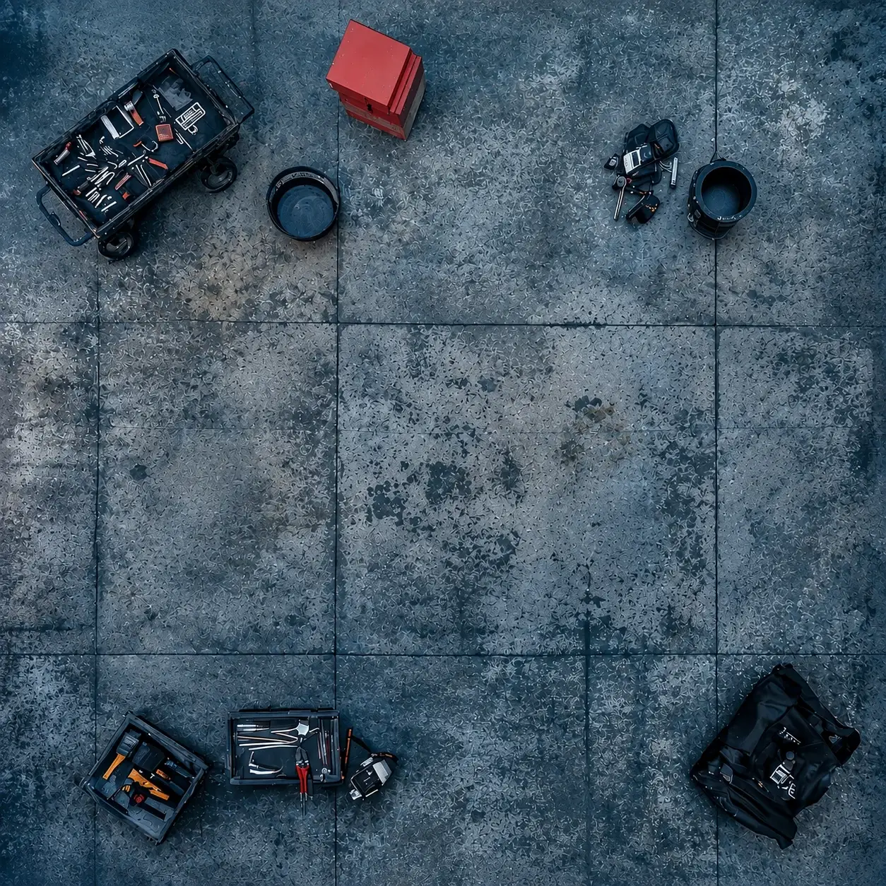Workshop floor top view with tools